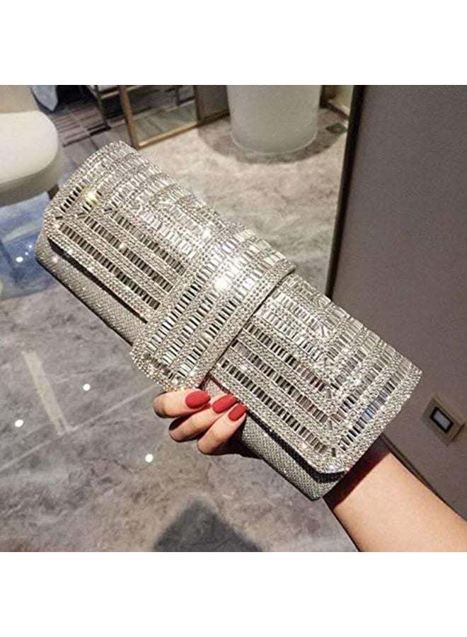 Silver Glitter Evening Clutch Purse for Women, Crystal Rhinestone Formal Handbag with Chain Strap - Image 3