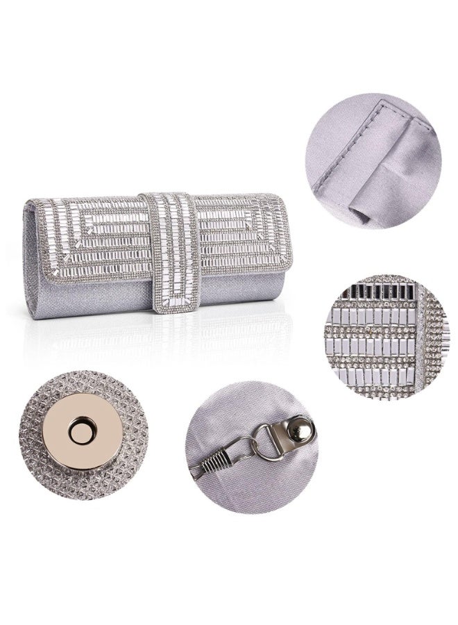 Silver Glitter Evening Clutch Purse for Women, Crystal Rhinestone Formal Handbag with Chain Strap - Image 4