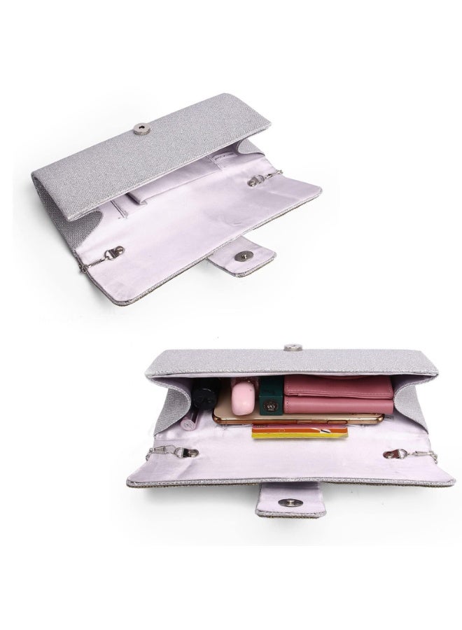 Silver Glitter Evening Clutch Purse for Women, Crystal Rhinestone Formal Handbag with Chain Strap - Image 5