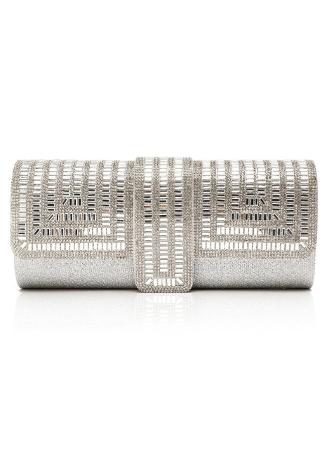 Silver Glitter Evening Clutch Purse for Women, Crystal Rhinestone Formal Handbag with Chain Strap - Image 1