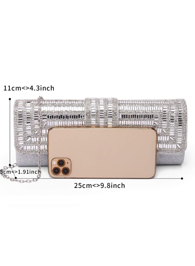 Silver Glitter Evening Clutch Purse for Women, Crystal Rhinestone Formal Handbag with Chain Strap - Image 2