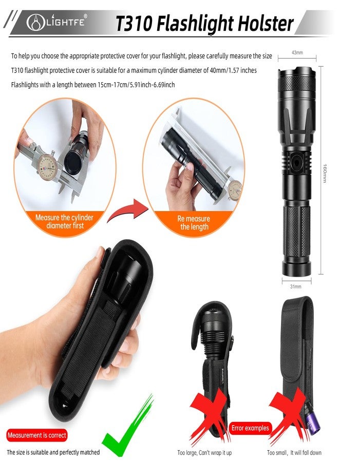 LIGHTFE Flashlight Holster T310 Tactical Flashlight Holster Suitable for flashlights with a Length of 6"-6.7" or a Diameter of 40mm, to a Length of 170 mm. Adjustable Thick and Durable Flashlight Pouch - Image 3