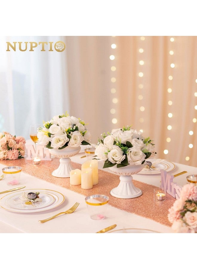 NUPTIO مجموعة من 10 قطع من باقة زهور صناعية من NUPTIO، 15 وردة بلاستيكية مع قاعدة، مناسبة لرف الزهور في مركز الزفاف في متجرنا لحفلات عيد الحب وديكور المنزل (أبيض نقي) - Image 4