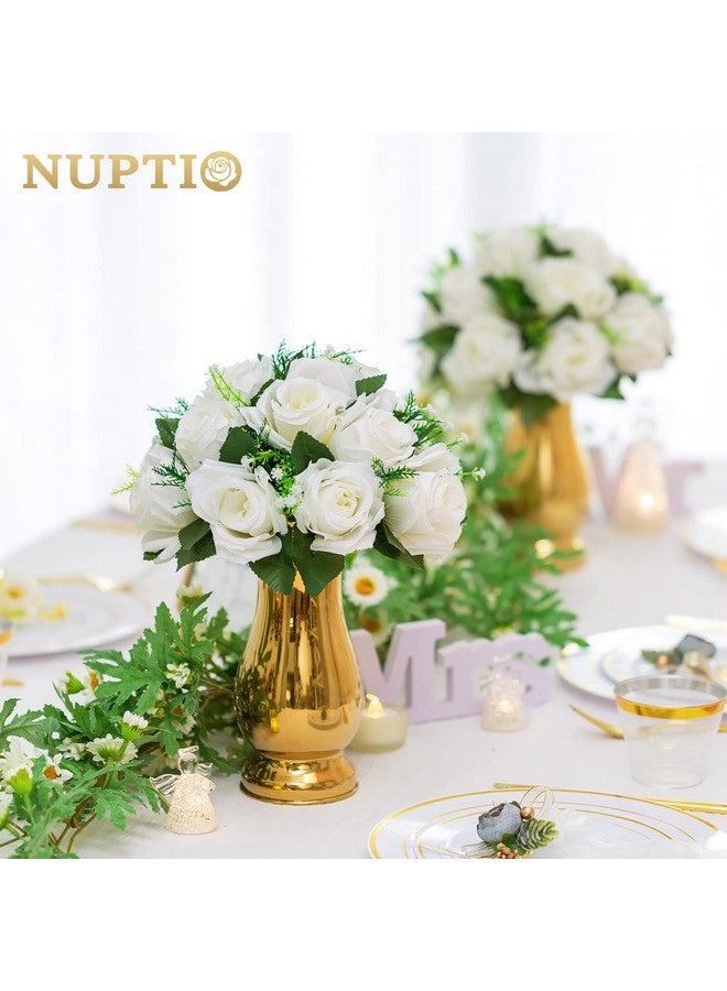 NUPTIO مجموعة من 10 قطع من باقة زهور صناعية من NUPTIO، 15 وردة بلاستيكية مع قاعدة، مناسبة لرف الزهور في مركز الزفاف في متجرنا لحفلات عيد الحب وديكور المنزل (أبيض نقي) - Image 3