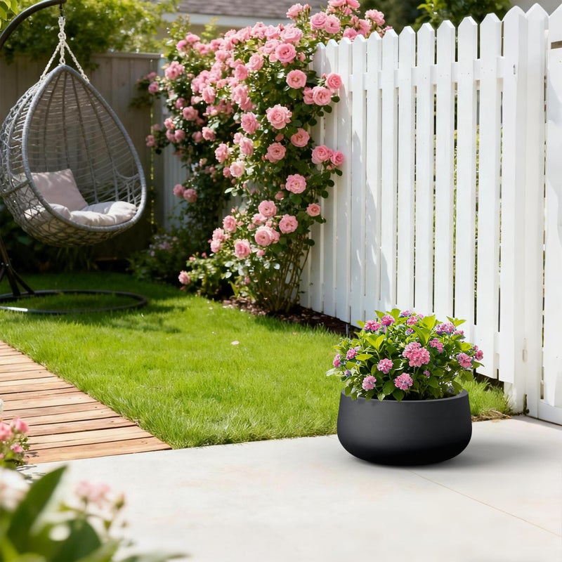 Kante 15.7" Dia Round Concrete Planter, Outdoor Indoor Garden Plant Pots with Drainage Hole and Rubber Plug, Modern Curvaceous Design, Black - Image 3