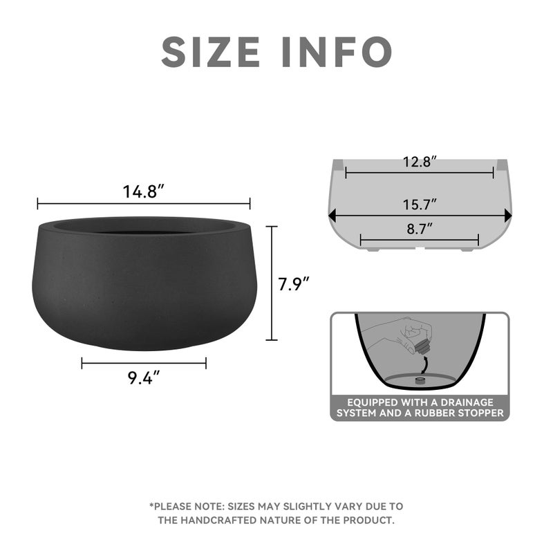 Kante 15.7" Dia Round Concrete Planter, Outdoor Indoor Garden Plant Pots with Drainage Hole and Rubber Plug, Modern Curvaceous Design, Black - Image 2