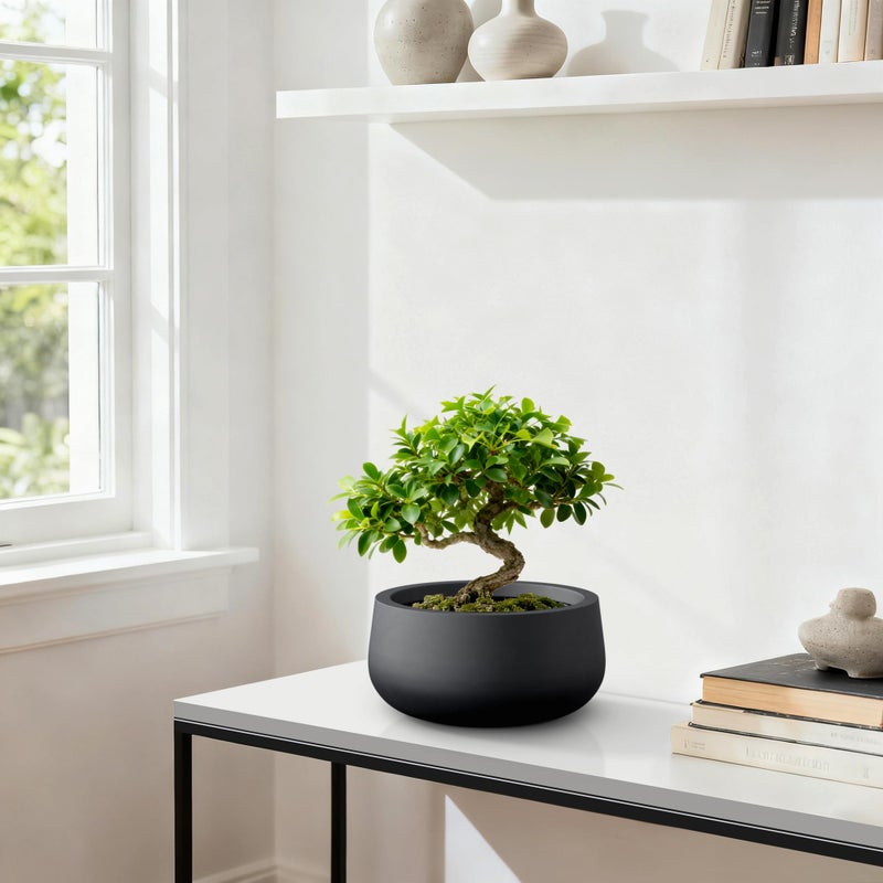 Kante 15.7" Dia Round Concrete Planter, Outdoor Indoor Garden Plant Pots with Drainage Hole and Rubber Plug, Modern Curvaceous Design, Black - Image 4