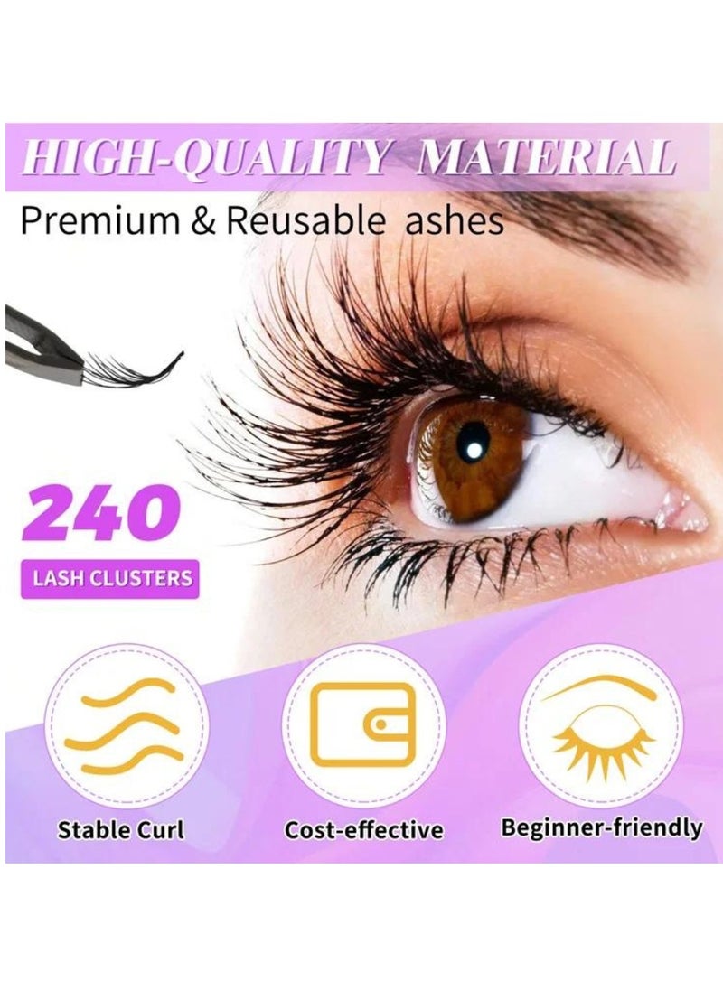 ALIVER 240 Pcs Lash Clusters, Lash Adhesive Glue & Lash Tweezer Set Eyelash Extensions Wispy False Eyelashes Lash Clusters DIY Eyelash Extensions Individual False Eyelashes for Women  - Image 3