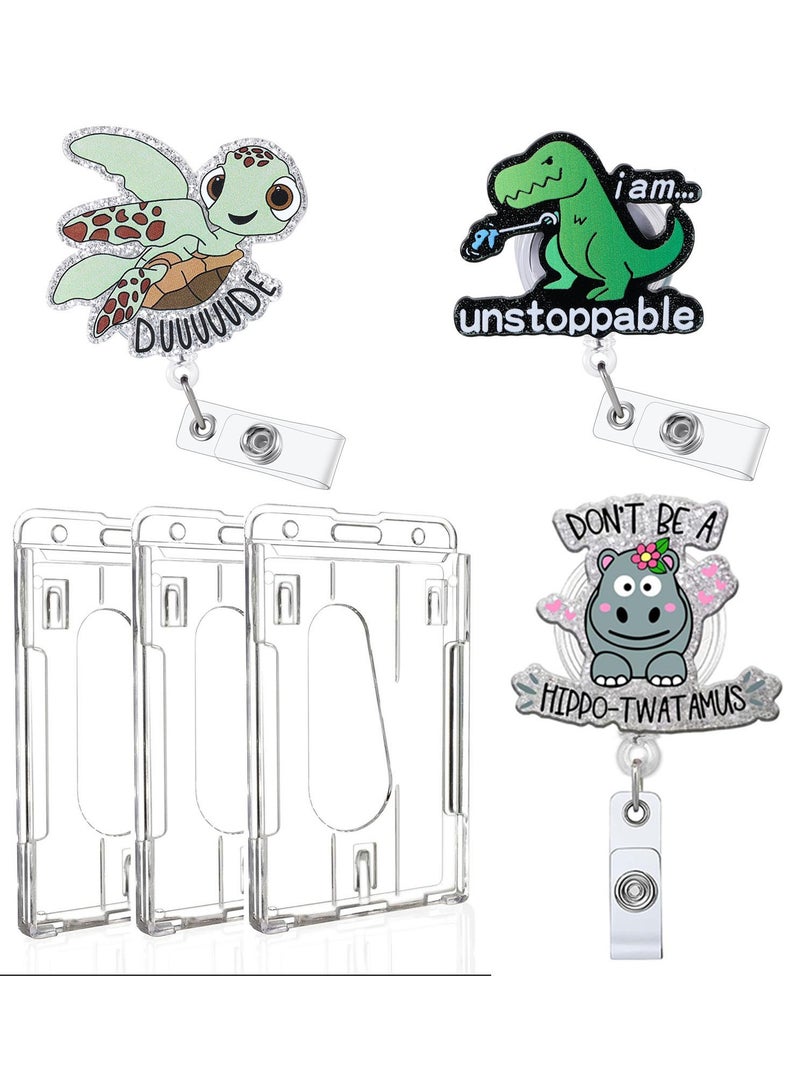 Dominy 3 Pcs Funny Acrylic Badge Holder - Waterproof Retractable with Alligator Clip Lightweight, Badge Reel for Key Keychain, wiht 3 Pack Vertical 2-Card Badge Holder with Thumb Slot Hard Transparent PC Case Protector for Office School IDs Credit Cards Driver’s Licenses and Passes - Image 1