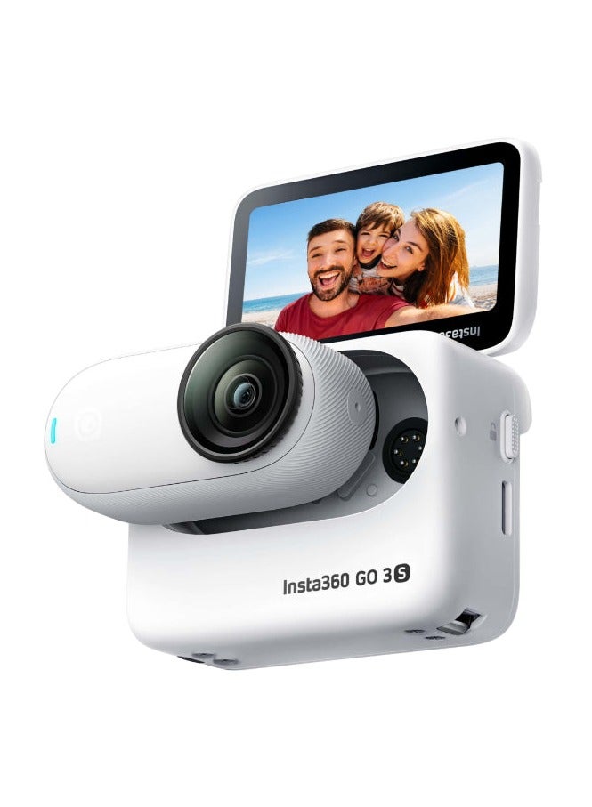 انستا 360 كاميرا أكشن صغيرة GO 3S بيضاء قطبية (128GB) | مقاومة للماء حتى 10م، فيديو بدقة 4K بزاوية واسعة، شاشة لمسية قابلة للطي بحجم 2.2 بوصة مع وحدة أكشن، تثبيت تلقائي، مع خاصية العثور على أبل، قلادة مغناطيسية، مشبك - أبيض - Image 1