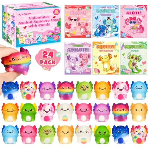 KIZZYEA 24 Packs Valentines Day Cards for Kids School with Axolotl Slow Rising PU Squishy Toys Valentines Day Gifts for Kids Kawaii Squeeze Toys for Boys Girls Ideal Valentine Party Favor Classroom Prizes - Image 1