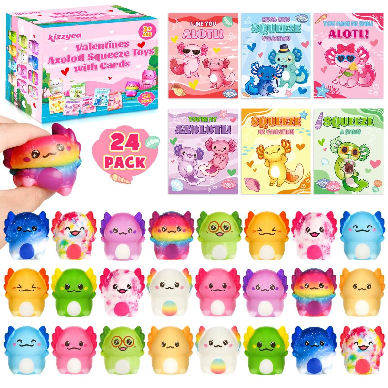 KIZZYEA 24 Packs Valentines Day Cards for Kids School with Axolotl Slow Rising PU Squishy Toys Valentines Day Gifts for Kids Kawaii Squeeze Toys for Boys Girls Ideal Valentine Party Favor Classroom Prizes - Image 3