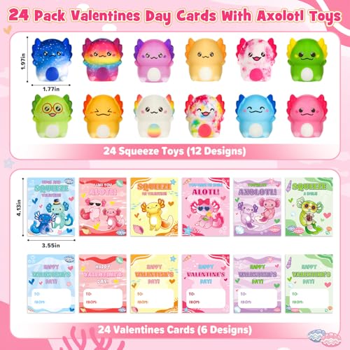 KIZZYEA 24 Packs Valentines Day Cards for Kids School with Axolotl Slow Rising PU Squishy Toys Valentines Day Gifts for Kids Kawaii Squeeze Toys for Boys Girls Ideal Valentine Party Favor Classroom Prizes - Image 5