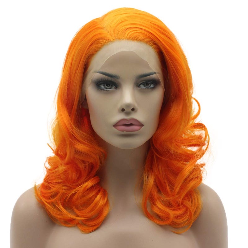 Lushy Lushy Hair Medium Length Wavy Orange Heavy Density Heat Friendly Realistic Synthetic Lace Front Wig 