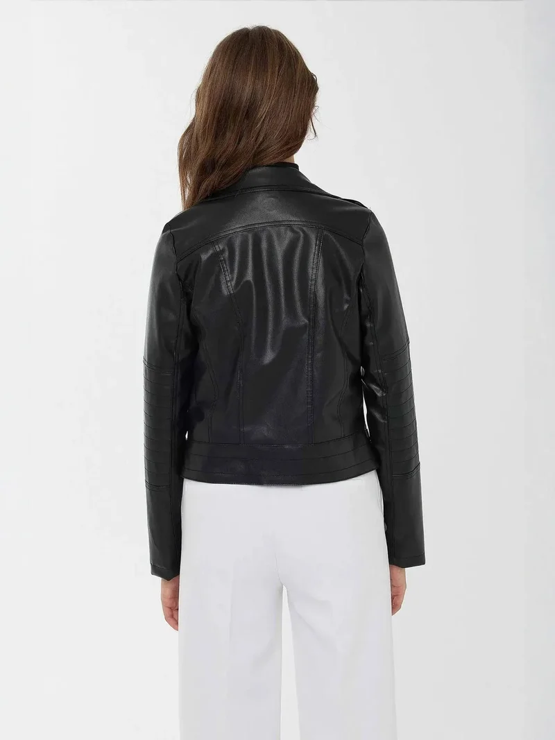 HICCUP Black Faux Leather Biker Jacket for Women | Best Price UAE