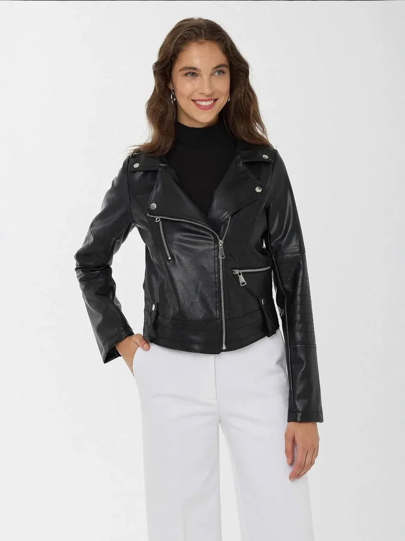 HICCUP Black Faux Leather Biker Jacket for Women | Best Price UAE