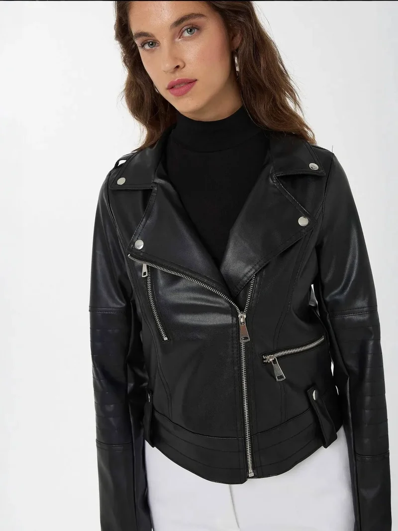 HICCUP Black Faux Leather Biker Jacket for Women | Best Price UAE