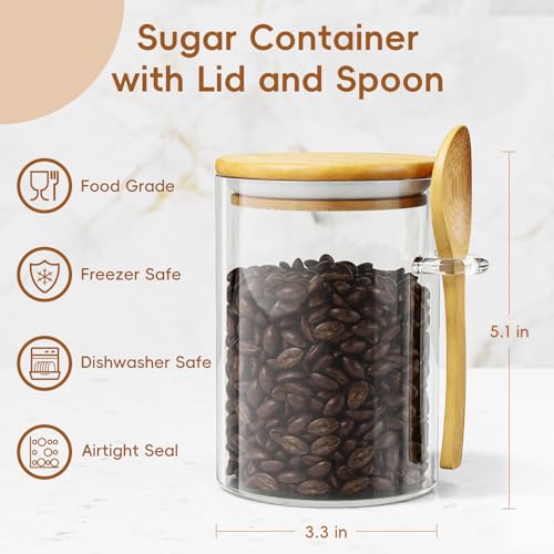 KOIKEY Coffee Sugar Container Salts Jars - 15oz Glass Airtight Caning with Bamboo Lids and Spoons Scoop, Storage Overnight Oats, Spice, Creamer, Food Organizer, Set of 3 - Image 2
