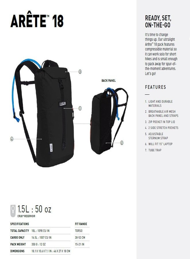 كاميلباك حقيبة ظهر CamelBak Arete 18 للترطيب، حقيبة ظهر يومية متعددة الاستخدامات وخفيفة الوزن للغاية مع خزان Crux سعة 50 أونصة، أسود - Image 3