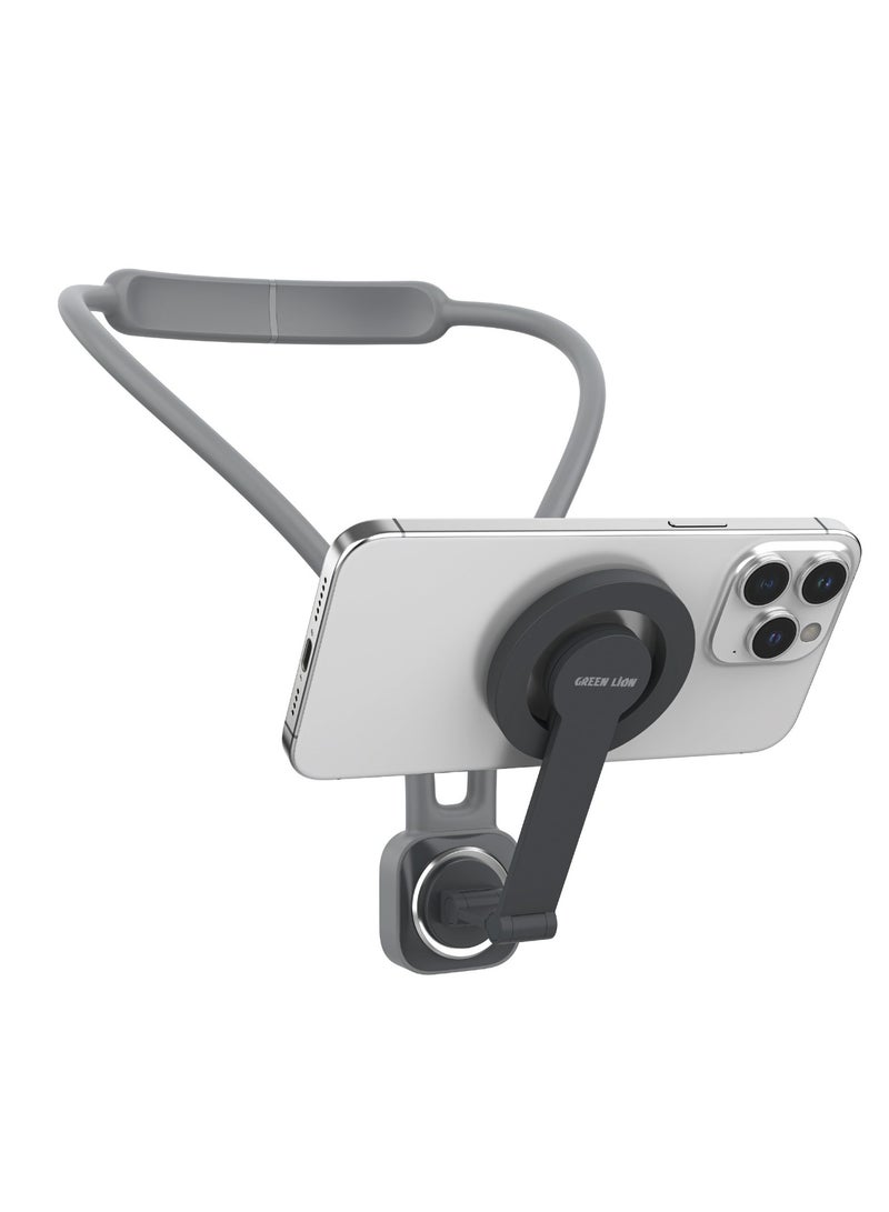 GREEN LION 2 in 1 MagSafe Neck Phone Holder & Handheld Selfie Stick / Hands-Free Convenience / Snap Button Release / 400g Max Load Capacity /  MagSafe Compatible / 10000 Axis Rotation / 16x N52 Magnets / Soft Silicone - Grey - Image 1