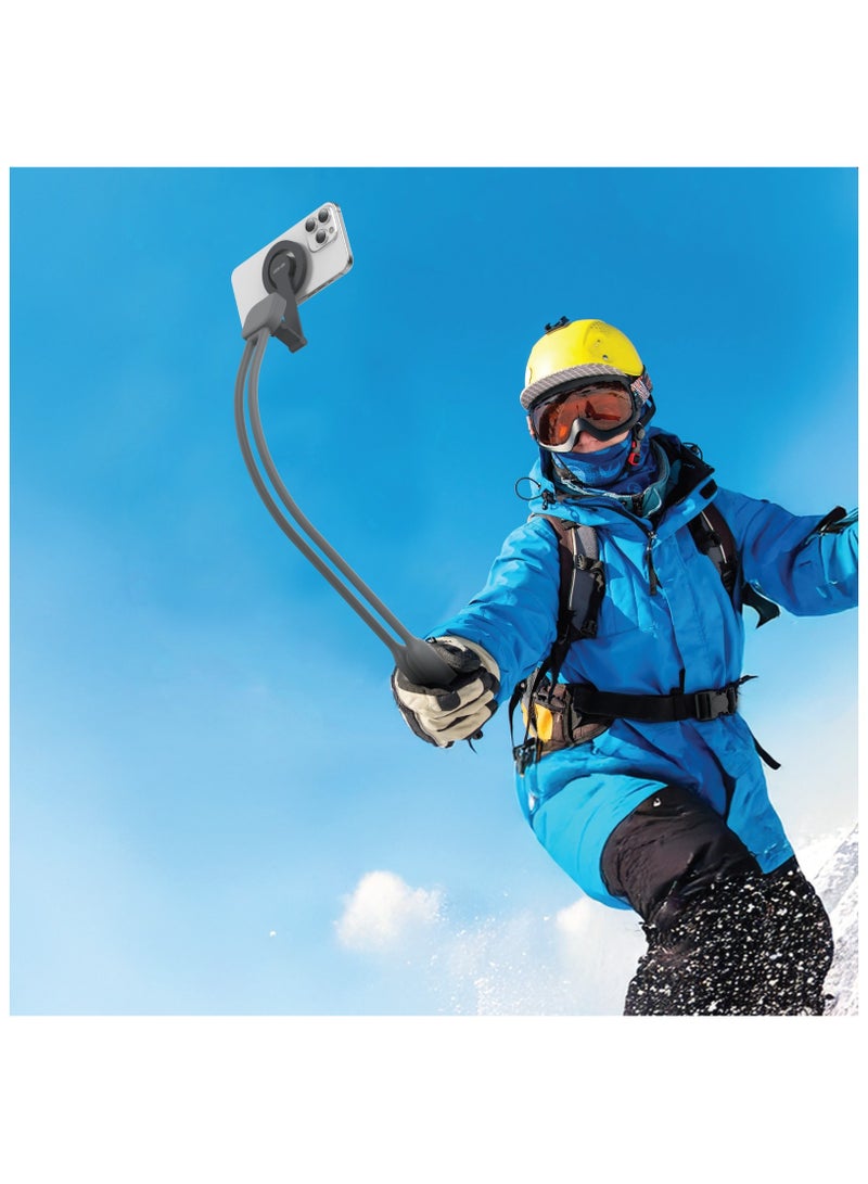 GREEN LION 2 in 1 MagSafe Neck Phone Holder & Handheld Selfie Stick / Hands-Free Convenience / Snap Button Release / 400g Max Load Capacity /  MagSafe Compatible / 10000 Axis Rotation / 16x N52 Magnets / Soft Silicone - Grey - Image 2
