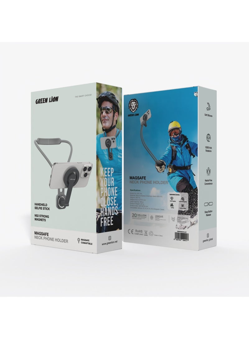 GREEN LION 2 in 1 MagSafe Neck Phone Holder & Handheld Selfie Stick / Hands-Free Convenience / Snap Button Release / 400g Max Load Capacity /  MagSafe Compatible / 10000 Axis Rotation / 16x N52 Magnets / Soft Silicone - Grey - Image 4