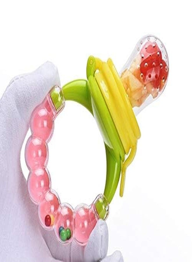 AEREX BPA Free Silicone Food Nibbler with Extra 2 Different Size Mesh Nipple for Fruit and Veggies with Rattle Handle for Baby (Multi-Color) (Pink) - Image 3
