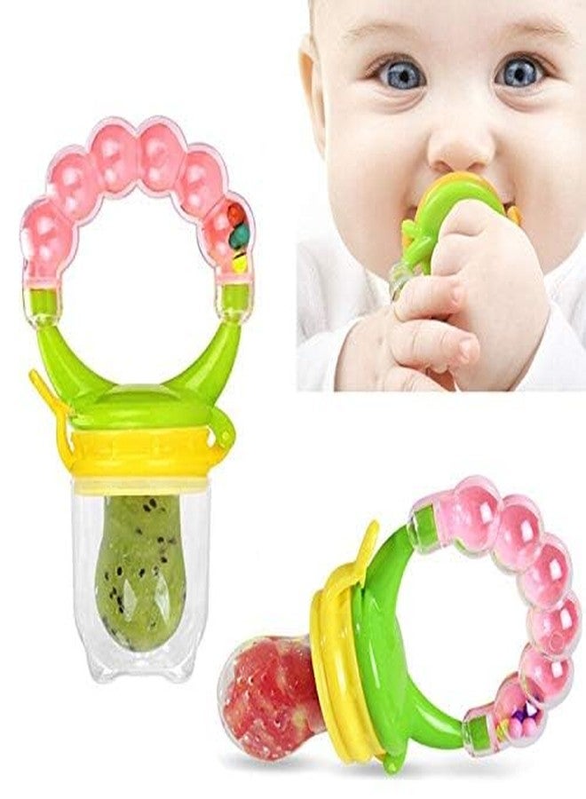 AEREX BPA Free Silicone Food Nibbler with Extra 2 Different Size Mesh Nipple for Fruit and Veggies with Rattle Handle for Baby (Multi-Color) (Pink) - Image 2