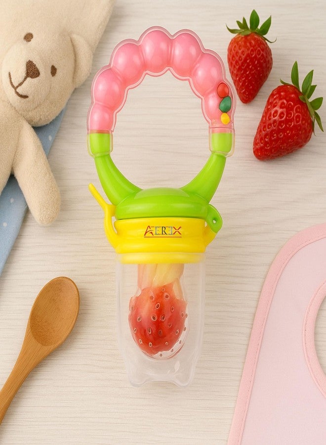 AEREX BPA Free Silicone Food Nibbler with Extra 2 Different Size Mesh Nipple for Fruit and Veggies with Rattle Handle for Baby (Multi-Color) (Pink) - Image 1