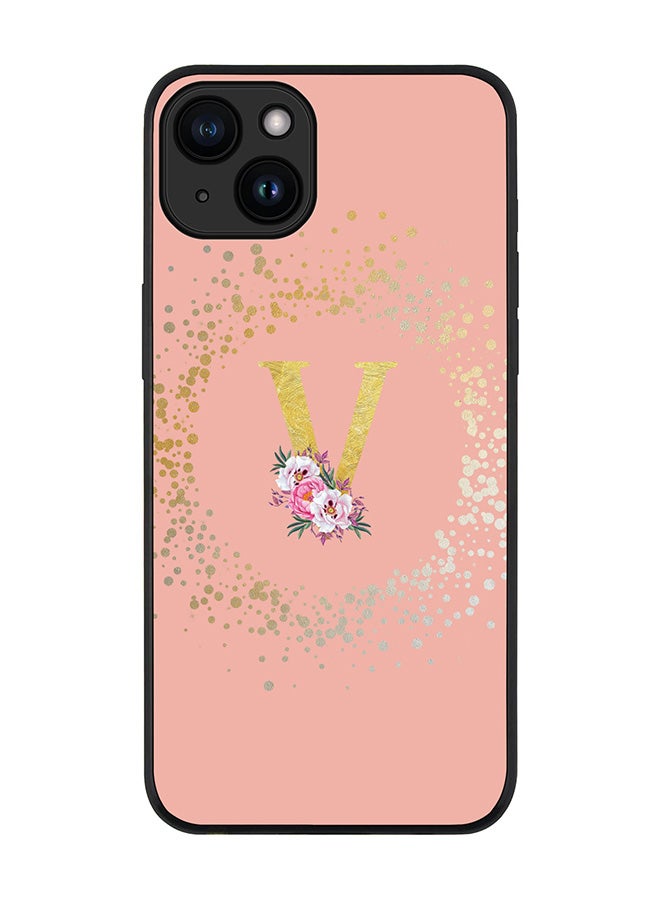 Stylizedd Cover for iPhone 15 Case Rugged Black Slim fit Flexible Protective Phone CasesCustom Monogram Initial Letter Floral Pattern Alphabet - V (Rose Pink) - Image 1