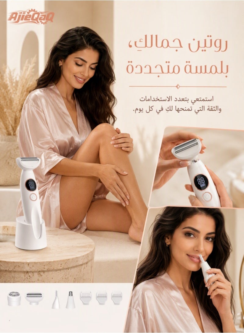 أجي كاك جهاز إزالة الشعر الكهربائي 5 في 1 للسيدات، للاستخدام على البشرة الجافة أو الرطبة، مقاوم للماء بمعيار IPX7، قابل لإعادة الشحن عبر USB، ماكينة حلاقة كهربائية للسيدات للوجه والحواجب والجسم ومنطقة البكيني، مزود بمحطة شحن ورؤوس شفرات قابلة للاستبدال - Image 5