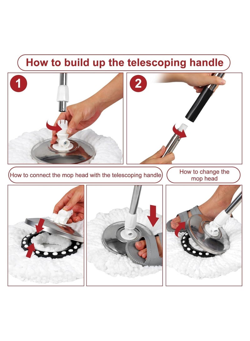 مجموعة ممسحة ودلو سهل الدوران، دلو ممسحة دوار 360 درجة، مقبض سهل الضغط من الفولاذ المقاوم للصدأ لتنظيف أرضيات المطبخ المنزلي، مع رأس ممسحة مجاني - Image 3