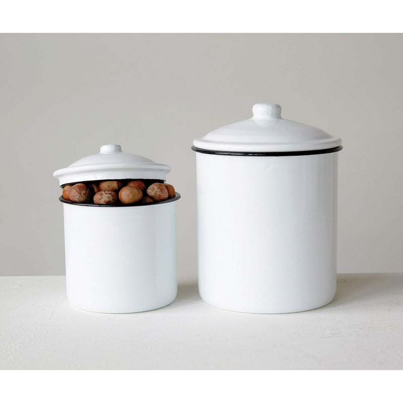 Creative Co-Op Set of 2 White Enameled Canisters with Lids - Image 3