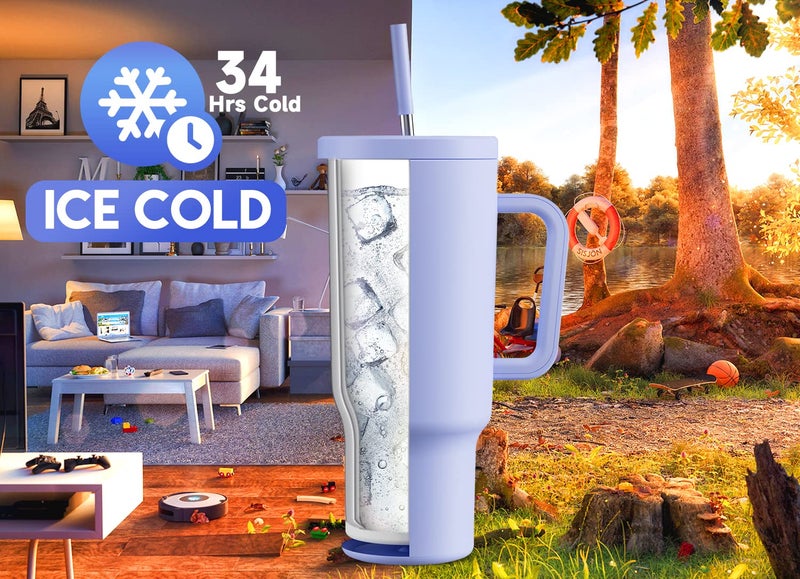 Meoky 40oz Tumbler with Handle  Leak-proof Lid and Straw  Insulated Coffee Mug Stainless Steel Travel Mug  Keeps Cold for 34 Hours or Hot for 10 Hours (Lilac) - Image 2