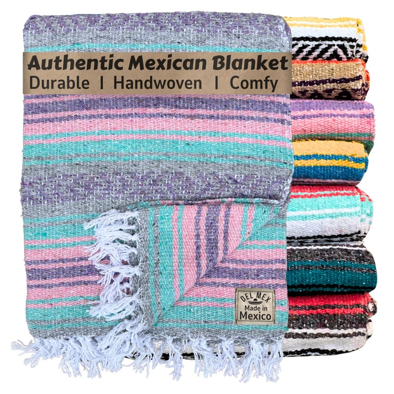 Del Mex Classic Mexican Blanket, Large Authentic Woven Falsa Throw (70"x50"), Artisan Southwest DÃ©cor for Beach, Yoga, Outdoors (Mint/Pink/Gray) - Image 1