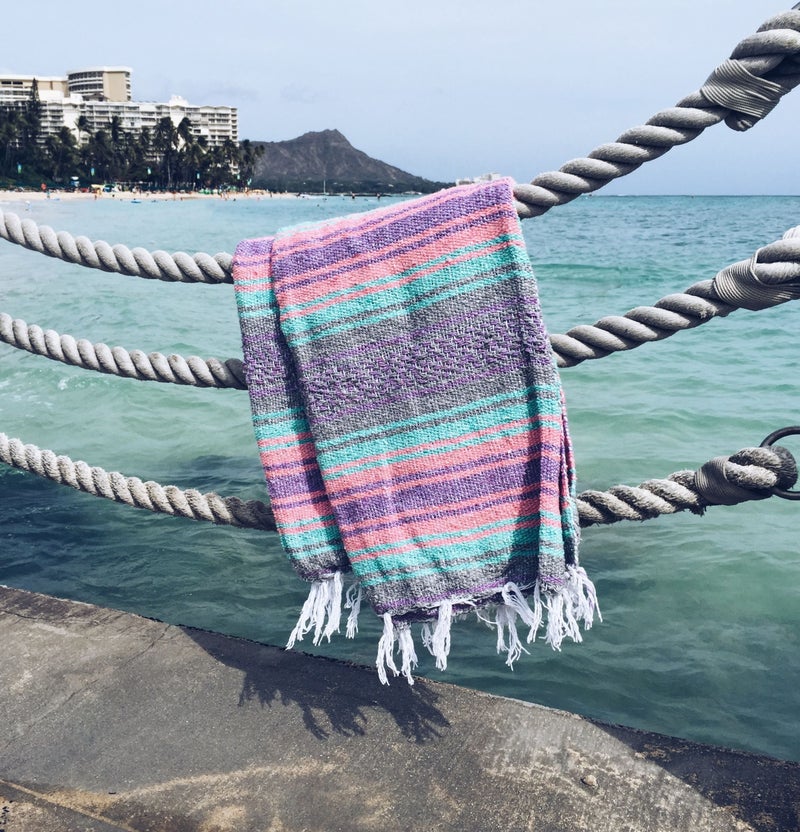 Del Mex Classic Mexican Blanket, Large Authentic Woven Falsa Throw (70"x50"), Artisan Southwest DÃ©cor for Beach, Yoga, Outdoors (Mint/Pink/Gray) - Image 3