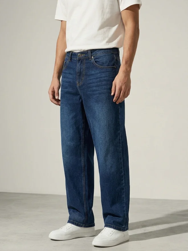 Styli  Men Blue Baggy Fit Faded Jeans for Men | Best Price UAE