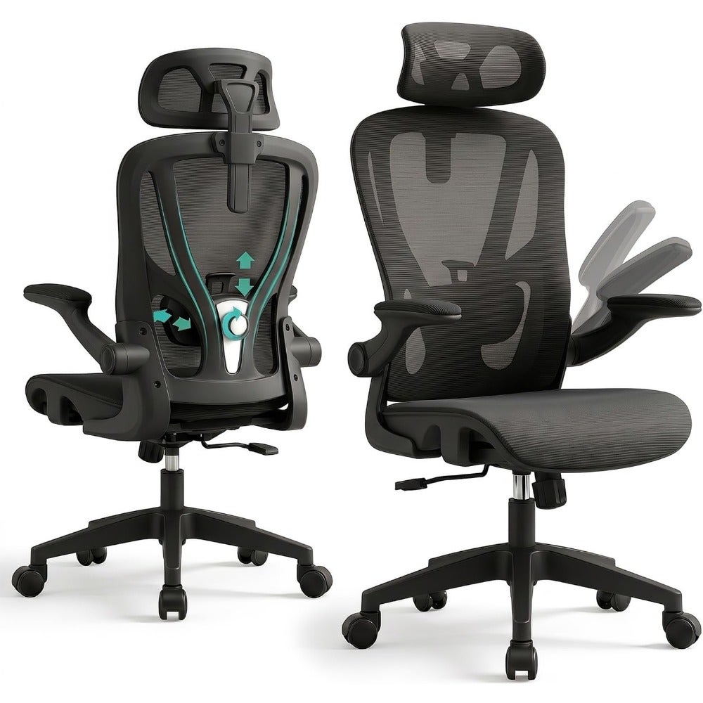 Office Chair, Breathable Mesh High Back Ergonomic Desk Chair with Rocking Function, Adjustable Head Support, Flip-up Armrests, Height Adjustable Computer Desk Chai for Home Office