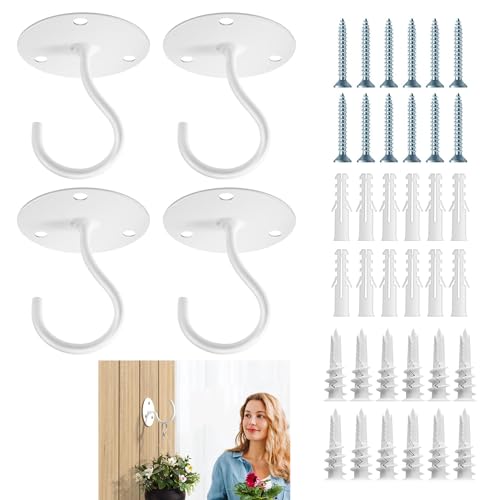 Tusmad 4pcs Metal Ceiling Hook with Screws for Hanging Flower Pot and Plant Pot Wall Mounted Hook for Hanging Plant Baskets/String Lights in Balcony, Porch Office Home (White) - Image 1