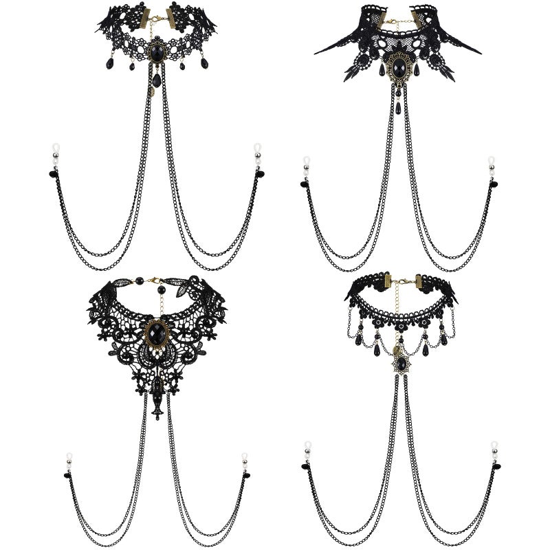 Bonuci 4 Pcs Non Piercing Bra Body Chain with Necklaces Body Chain Non Piercing Adjustable Bra Jewelry(Lace Style) - Image 1