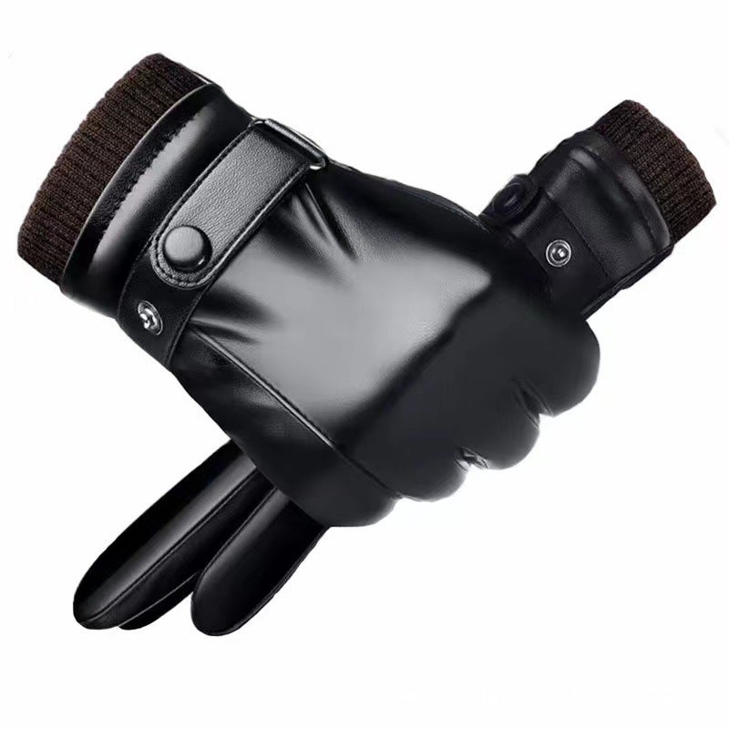 Leather gloves mens winter riding fleece-lined thick warm windproof waterproof touch screen winter motorcycle cycling gloves Screw single rib 