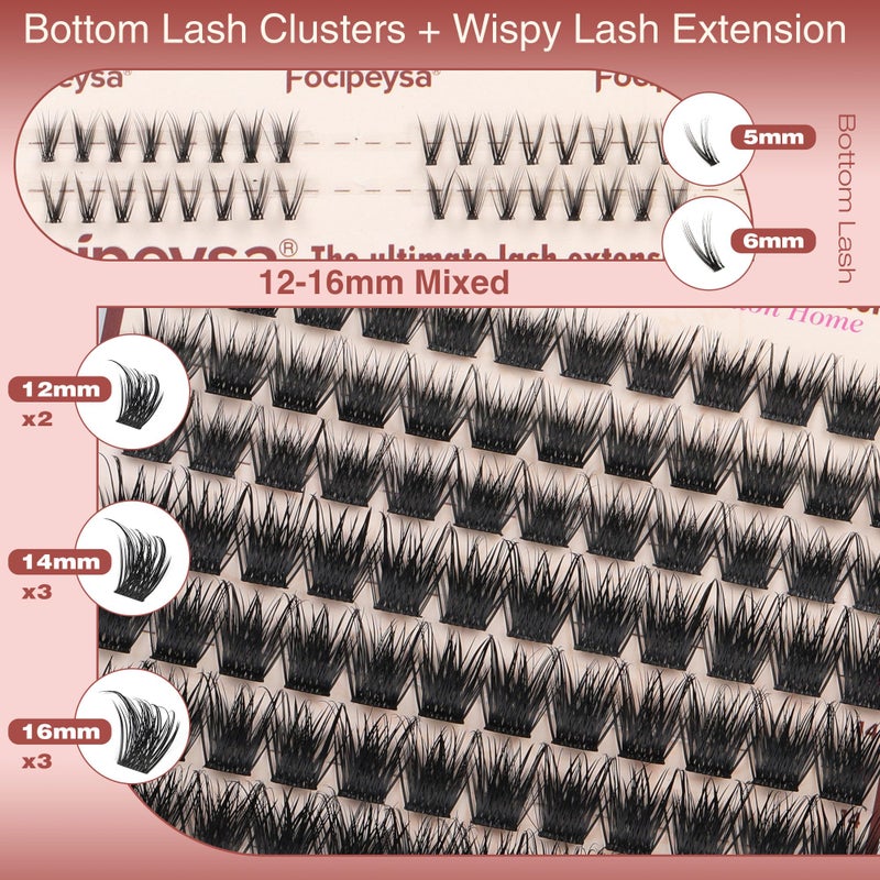 Focipeysa Volume Lash Clusters Wispy Eyelashes Extensions 10-16mm Cluster Lash Extensions C-Curl Lashes Extensions with Bottom Lashes Salon Effect Individual Eyelash DIY Eyelashes Clusters at Home - Image 3