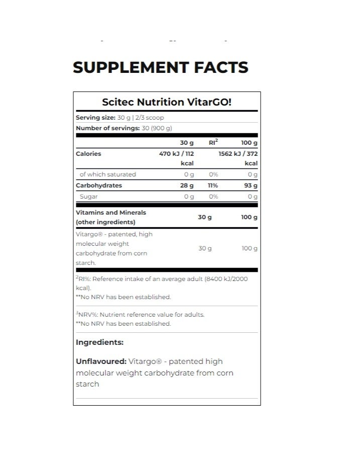 SCITEC NUTRITION فيتارغو مصدر الكربوهيدرات المسجلة لزيادة الطاقة، بدون نكهة، 900 جرام - Image 2