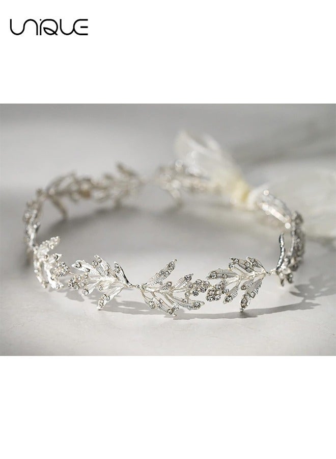 يونيك تاج - عقال أوراق مرصعة بالماس - تاج زفاف وصيفة الشرف - زخرفة شعر مصنوعة يدويا - فضي - Image 3