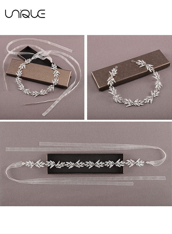 يونيك تاج - عقال أوراق مرصعة بالماس - تاج زفاف وصيفة الشرف - زخرفة شعر مصنوعة يدويا - فضي - Image 5