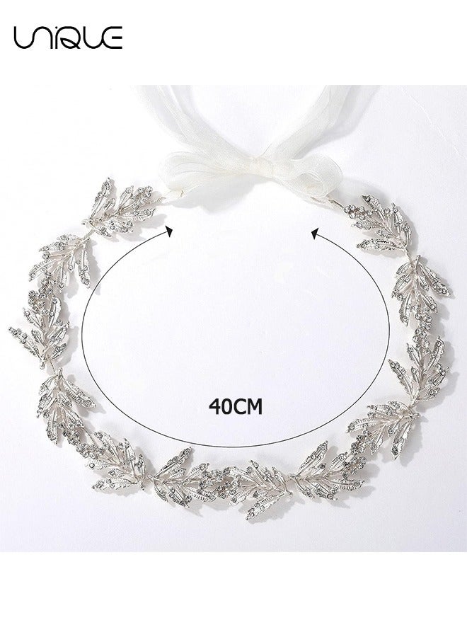 يونيك تاج - عقال أوراق مرصعة بالماس - تاج زفاف وصيفة الشرف - زخرفة شعر مصنوعة يدويا - فضي - Image 2