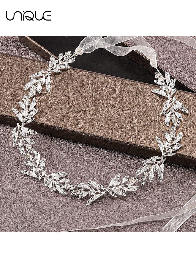 يونيك تاج - عقال أوراق مرصعة بالماس - تاج زفاف وصيفة الشرف - زخرفة شعر مصنوعة يدويا - فضي - Image 4