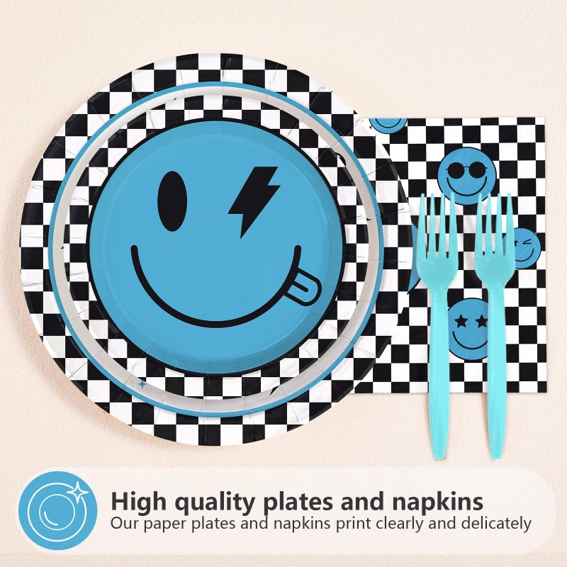 Greencian 96Pcs One Happy Dude 1st Birthday Party Decoration Blue Smile Face Plates and Napkins Black White Plaid Disposable Paper Tableware Set for 1st Birthday Baby Shower Party Supplies Serves 24 - Image 2