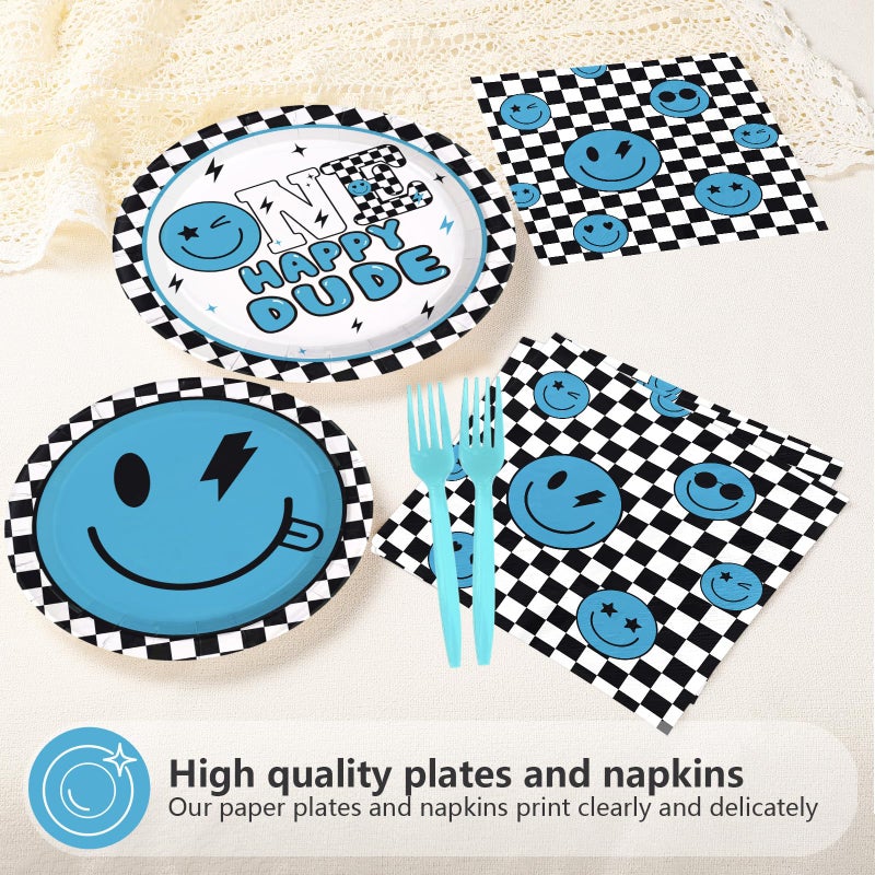 Greencian 96Pcs One Happy Dude 1st Birthday Party Decoration Blue Smile Face Plates and Napkins Black White Plaid Disposable Paper Tableware Set for 1st Birthday Baby Shower Party Supplies Serves 24 - Image 3