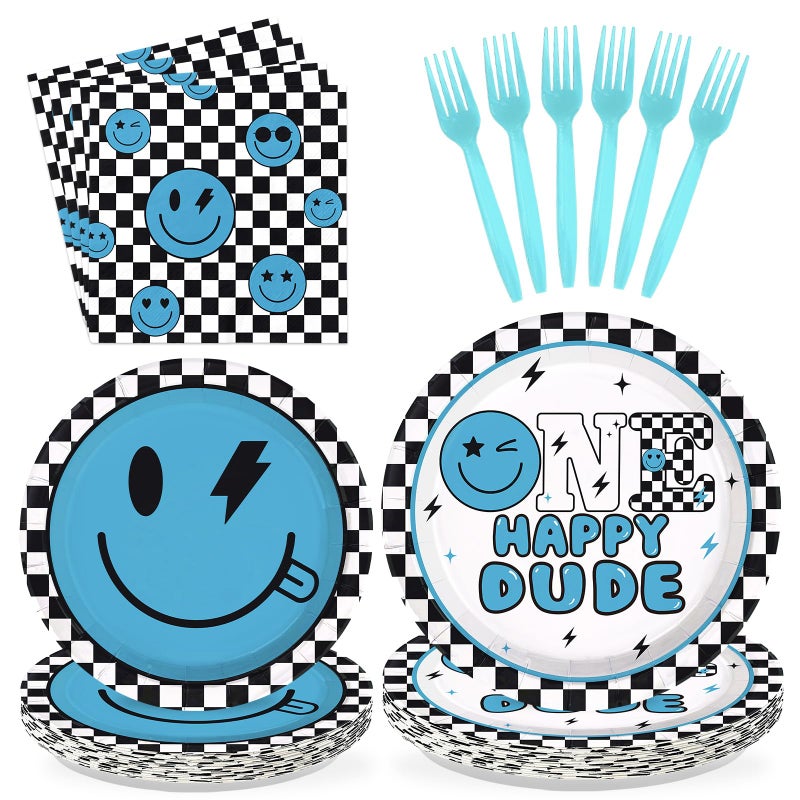 Greencian 96Pcs One Happy Dude 1st Birthday Party Decoration Blue Smile Face Plates and Napkins Black White Plaid Disposable Paper Tableware Set for 1st Birthday Baby Shower Party Supplies Serves 24 - Image 1